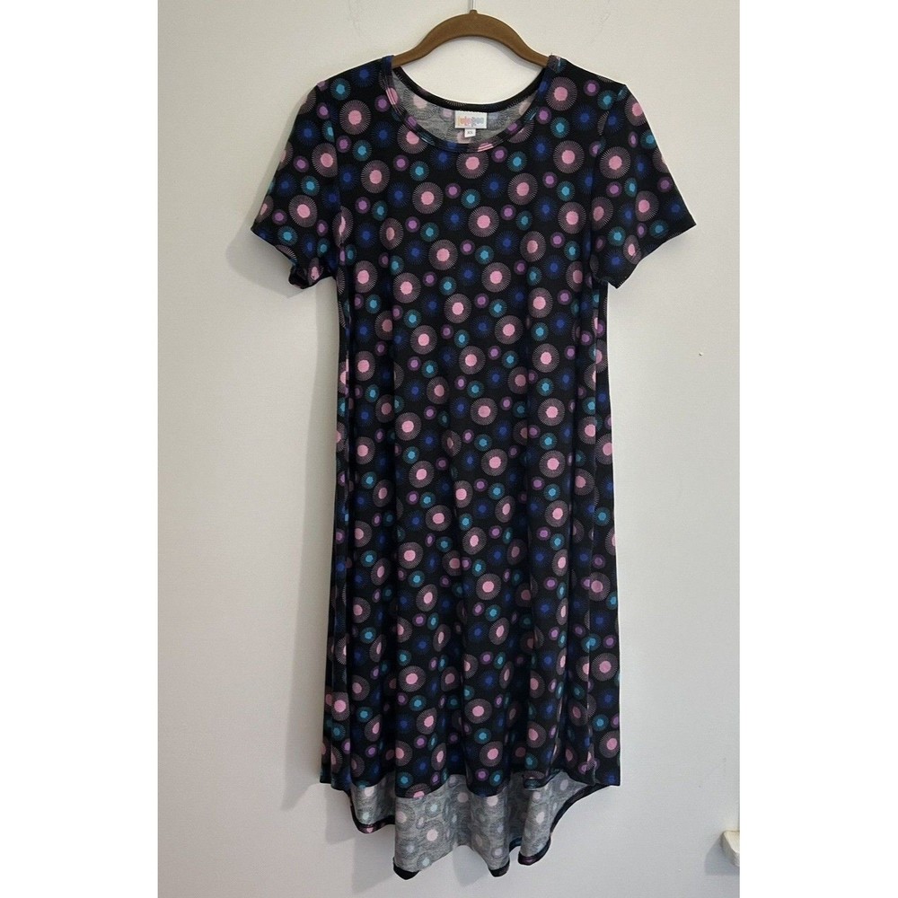 LulaRoe Dress Womens XS Black Circle Print Short Sleeve Hi Low Stretch
